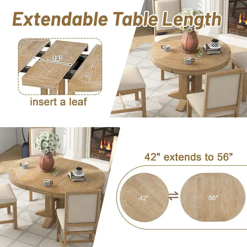Natural Wood Wash / Black Extendable Round Dining Table Set with 4 Upholstered Chairs, Seats 6