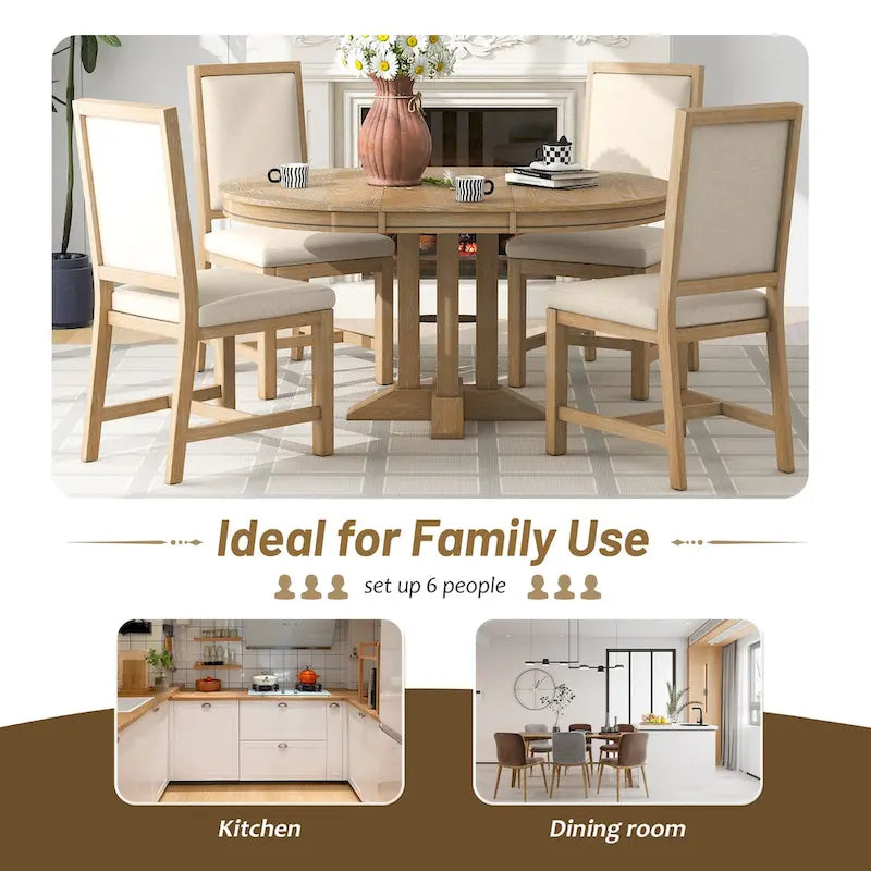 Natural Wood Wash / Black Extendable Round Dining Table Set with 4 Upholstered Chairs, Seats 6