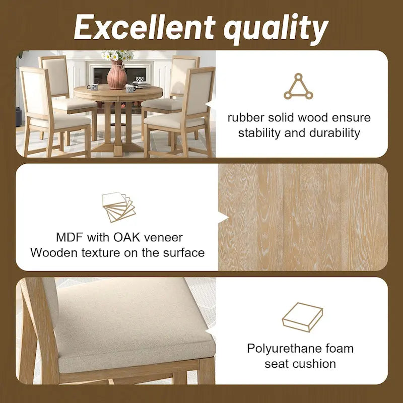 Natural Wood Wash / Black Extendable Round Dining Table Set with 4 Upholstered Chairs, Seats 6