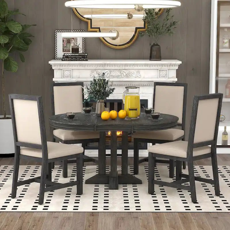 Natural Wood Wash / Black Extendable Round Dining Table Set with 4 Upholstered Chairs, Seats 6