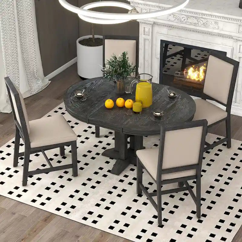 Natural Wood Wash / Black Extendable Round Dining Table Set with 4 Upholstered Chairs, Seats 6