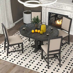 Natural Wood Wash / Black Extendable Round Dining Table Set with 4 Upholstered Chairs, Seats 6