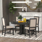 Natural Wood Wash / Black Extendable Round Dining Table Set with 4 Upholstered Chairs, Seats 6
