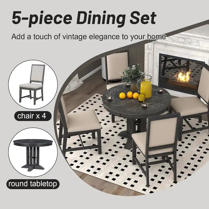 Natural Wood Wash / Black Extendable Round Dining Table Set with 4 Upholstered Chairs, Seats 6