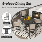 Natural Wood Wash / Black Extendable Round Dining Table Set with 4 Upholstered Chairs, Seats 6