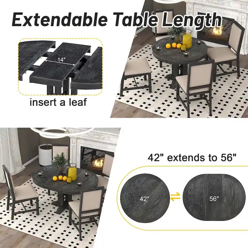 Natural Wood Wash / Black Extendable Round Dining Table Set with 4 Upholstered Chairs, Seats 6