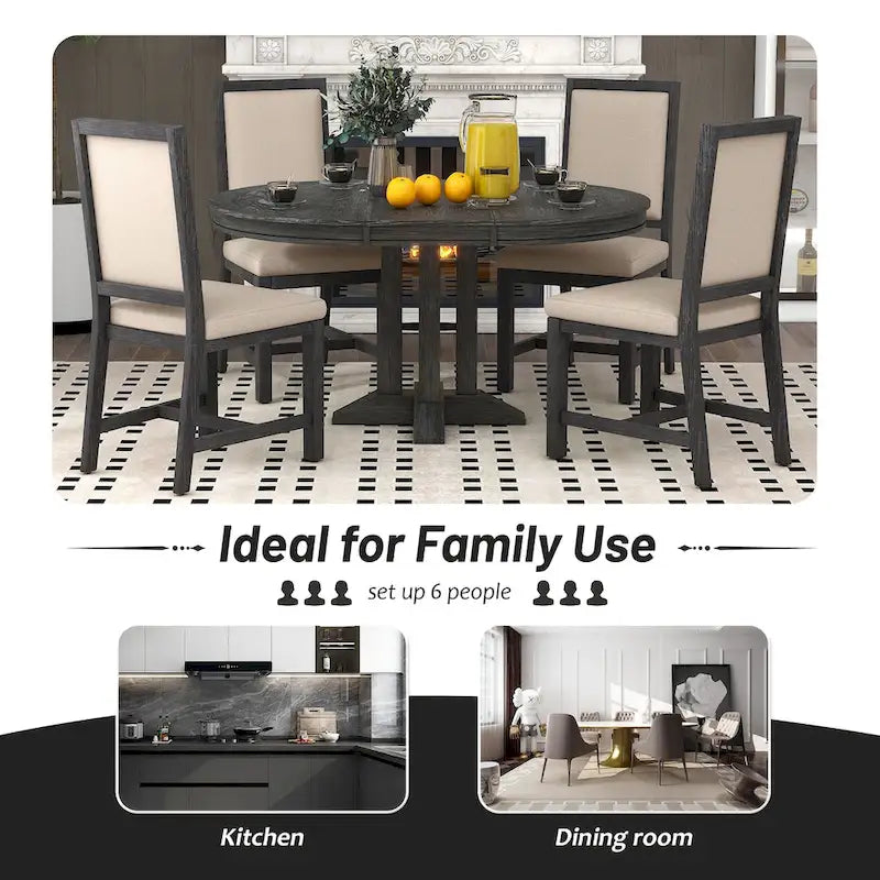 Natural Wood Wash / Black Extendable Round Dining Table Set with 4 Upholstered Chairs, Seats 6