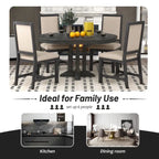 Natural Wood Wash / Black Extendable Round Dining Table Set with 4 Upholstered Chairs, Seats 6