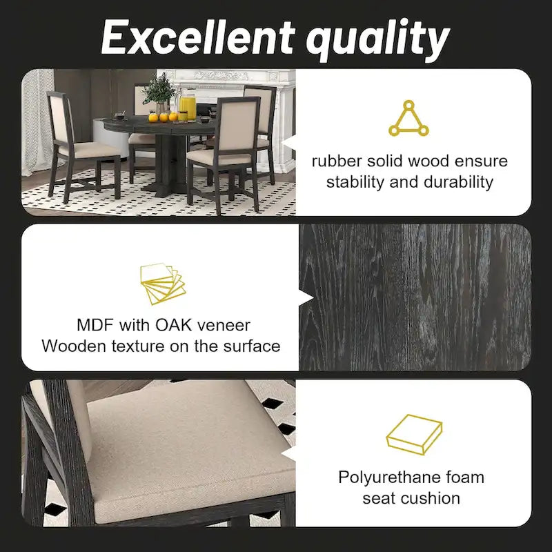 Natural Wood Wash / Black Extendable Round Dining Table Set with 4 Upholstered Chairs, Seats 6