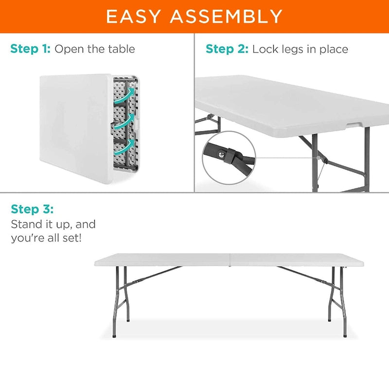 White Fold-in-Half Resin Table, 8 ft, Seats 8