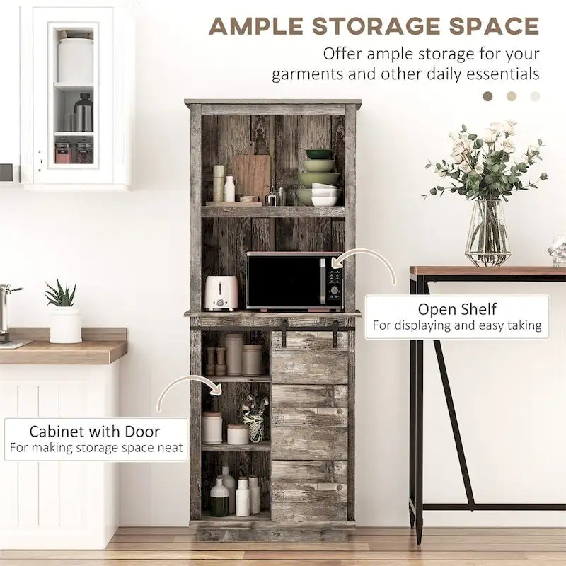 Vintage Sliding Barn Door Pantry Cabinet, 5-Tier Storage, 1-Person Assembly