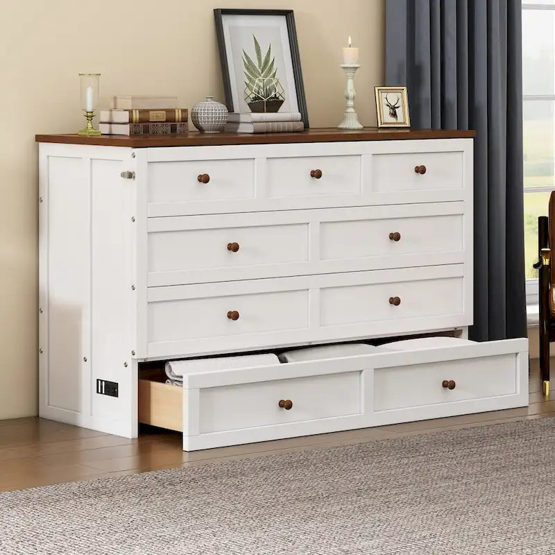 Natural Pine Murphy Bed Chest with Storage Drawer, Queen/Full, Sleeps 1–2