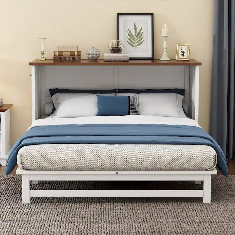 Natural Pine Murphy Bed Chest with Storage Drawer, Queen/Full, Sleeps 1–2