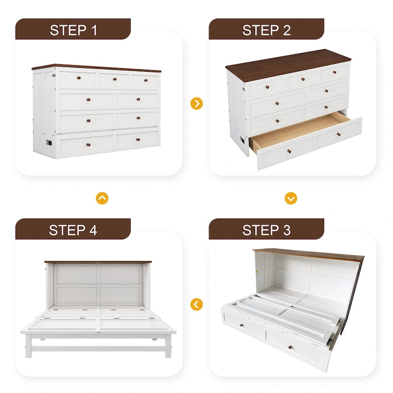Natural Pine Murphy Bed Chest with Storage Drawer, Queen/Full, Sleeps 1–2