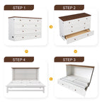 Natural Pine Murphy Bed Chest with Storage Drawer, Queen/Full, Sleeps 1–2