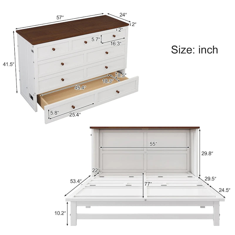 Natural Pine Murphy Bed Chest with Storage Drawer, Queen/Full, Sleeps 1–2