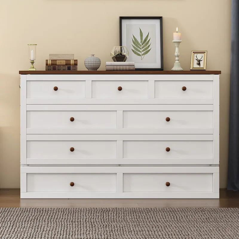 Natural Pine Murphy Bed Chest with Storage Drawer, Queen/Full, Sleeps 1–2