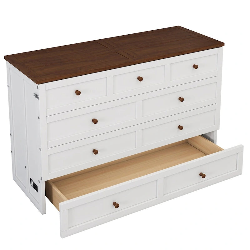 Natural Pine Murphy Bed Chest with Storage Drawer, Queen/Full, Sleeps 1–2