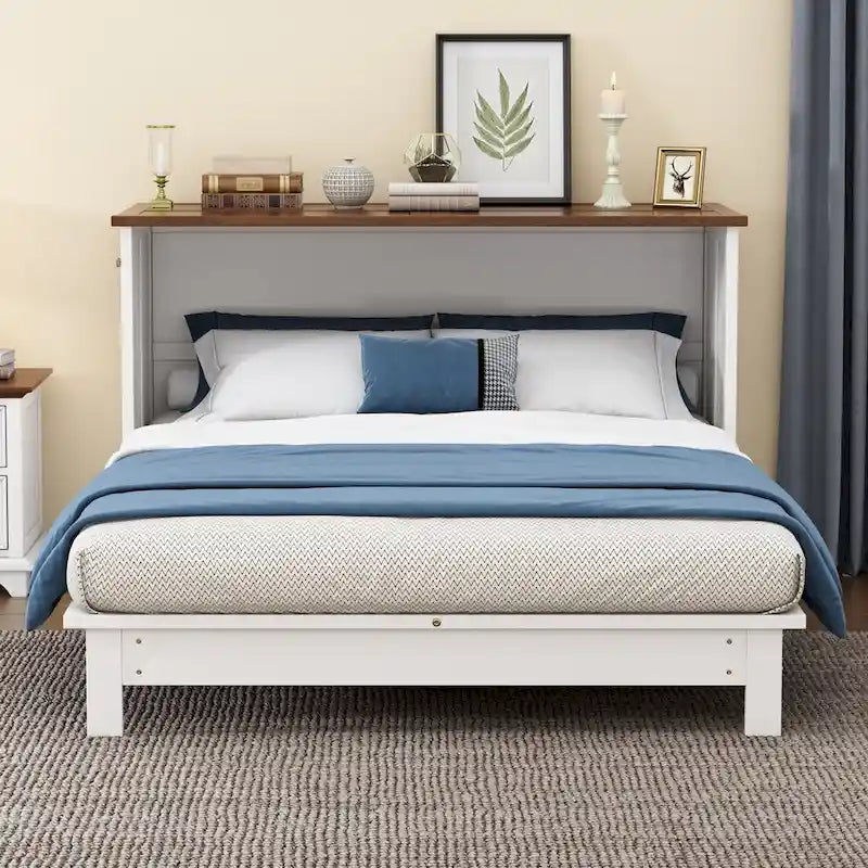 Natural Pine Murphy Bed Chest with Storage Drawer, Queen/Full, Sleeps 1–2