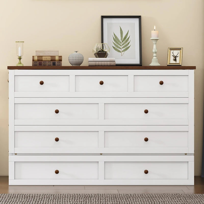 Natural Pine Murphy Bed Chest with Storage Drawer, Queen/Full, Sleeps 1–2