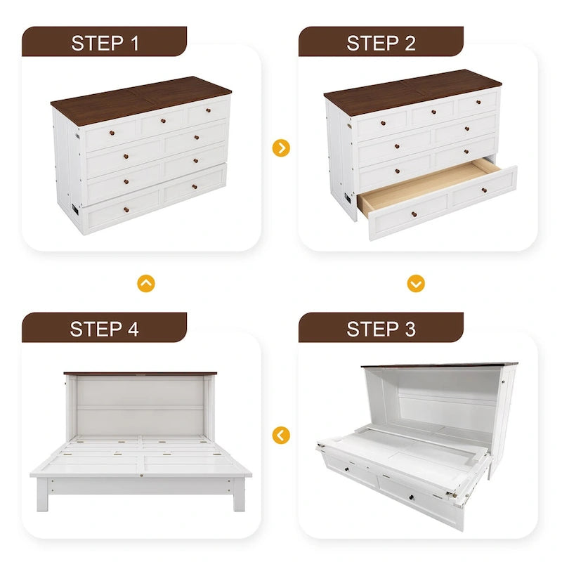 Natural Pine Murphy Bed Chest with Storage Drawer, Queen/Full, Sleeps 1–2