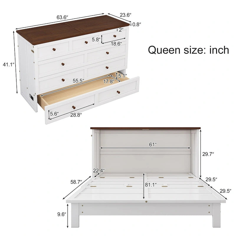 Natural Pine Murphy Bed Chest with Storage Drawer, Queen/Full, Sleeps 1–2