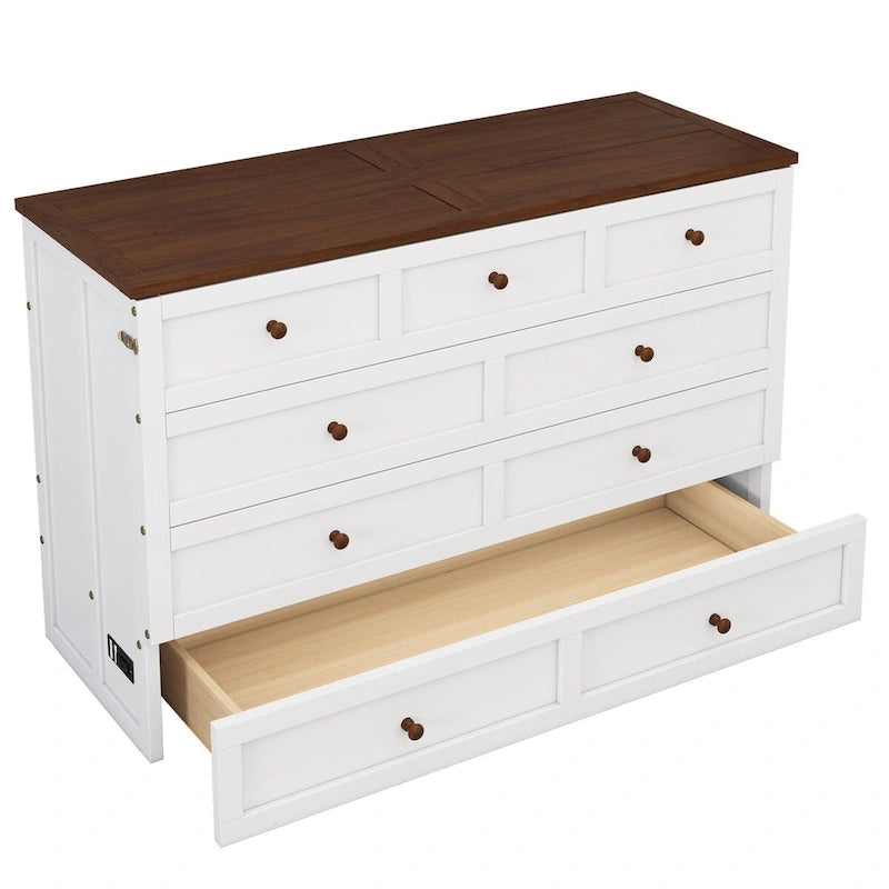 Natural Pine Murphy Bed Chest with Storage Drawer, Queen/Full, Sleeps 1–2