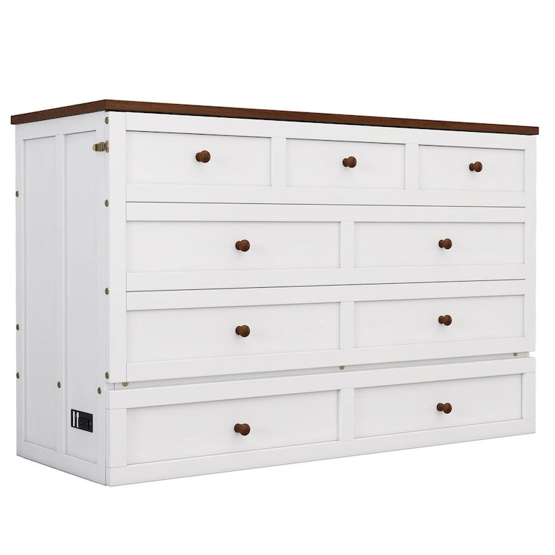 Natural Pine Murphy Bed Chest with Storage Drawer, Queen/Full, Sleeps 1–2