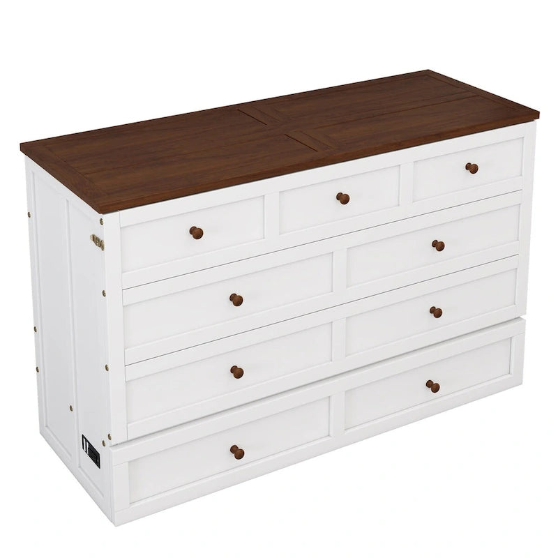 Natural Pine Murphy Bed Chest with Storage Drawer, Queen/Full, Sleeps 1–2