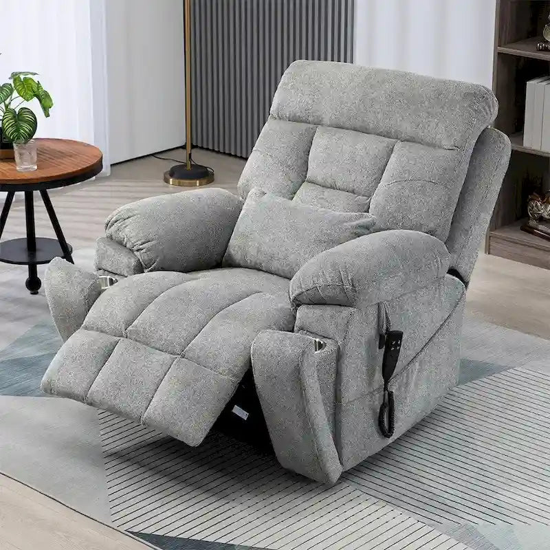 Fauteuil inclinable électrique releveur monopersonne en velours gris clair avec massage et fonction chauffante