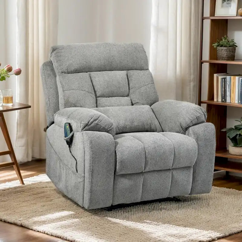Fauteuil inclinable électrique releveur monopersonne en velours gris clair avec massage et fonction chauffante
