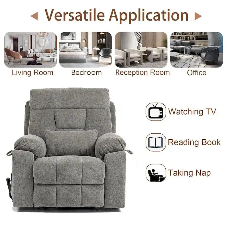 Fauteuil inclinable électrique releveur monopersonne en velours gris clair avec massage et fonction chauffante