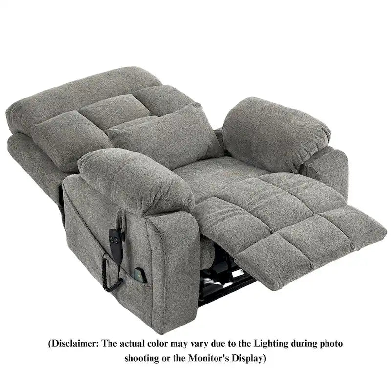 Fauteuil inclinable électrique releveur monopersonne en velours gris clair avec massage et fonction chauffante
