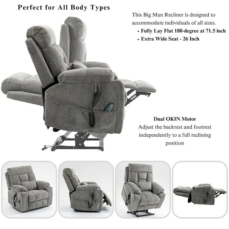 Fauteuil inclinable électrique releveur monopersonne en velours gris clair avec massage et fonction chauffante