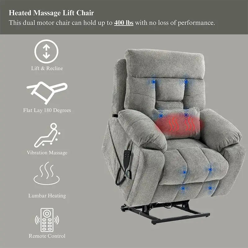 Fauteuil inclinable électrique releveur monopersonne en velours gris clair avec massage et fonction chauffante