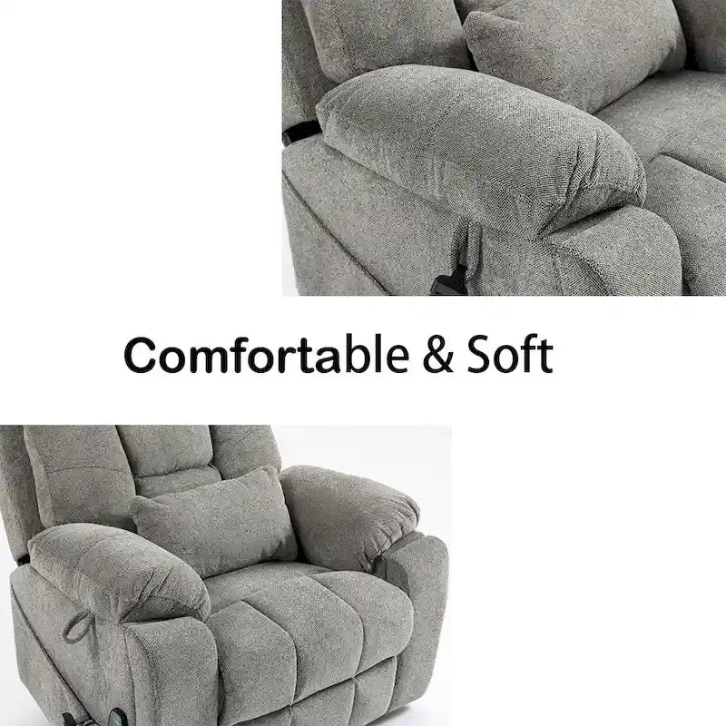 Fauteuil inclinable électrique releveur monopersonne en velours gris clair avec massage et fonction chauffante