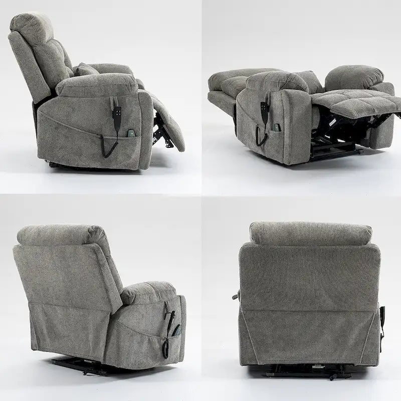 Fauteuil inclinable électrique releveur monopersonne en velours gris clair avec massage et fonction chauffante