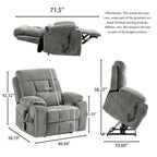 Fauteuil inclinable électrique releveur monopersonne en velours gris clair avec massage et fonction chauffante