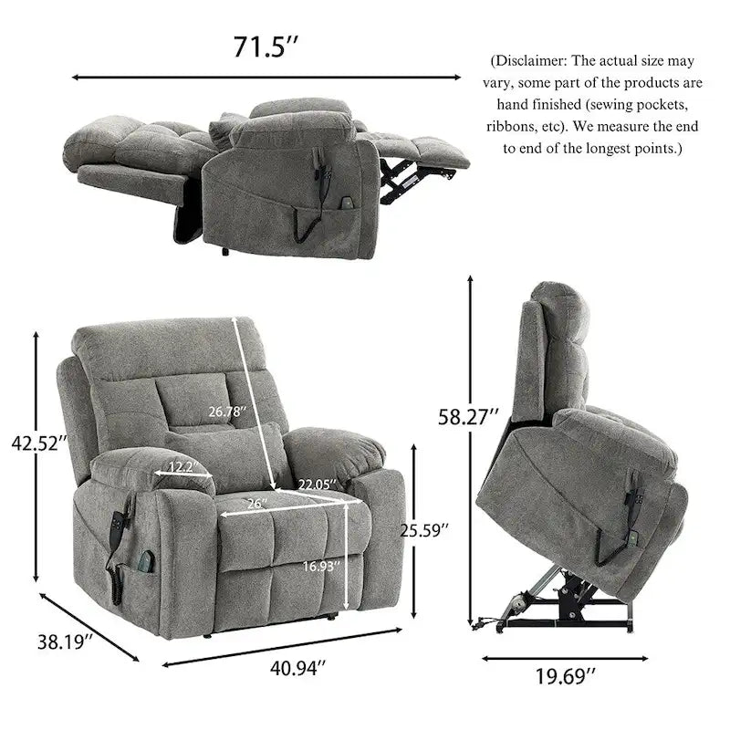 Fauteuil inclinable électrique releveur monopersonne en velours gris clair avec massage et fonction chauffante