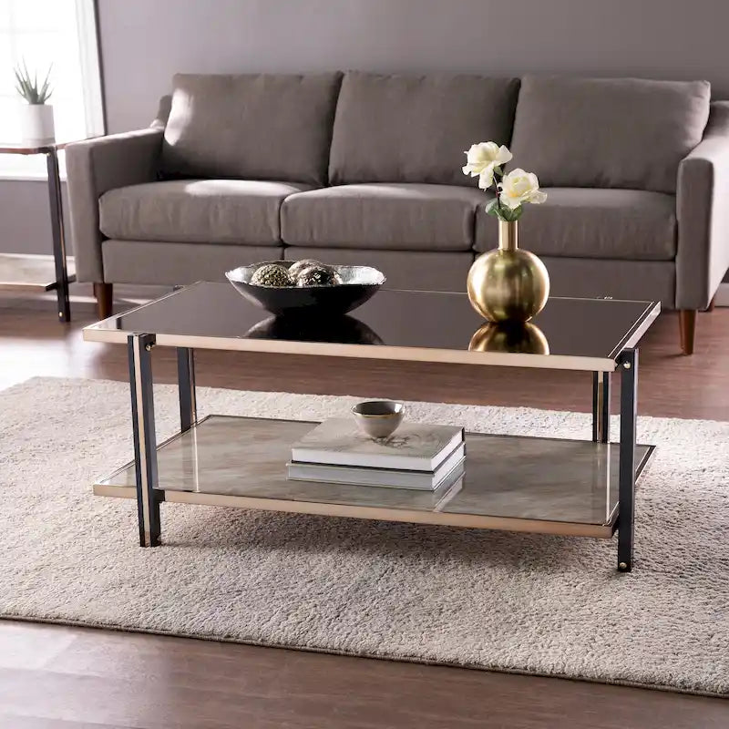 Rectangular Coffee Table, Champagne, Mirrored Top, 2-Tier, 1-Piece