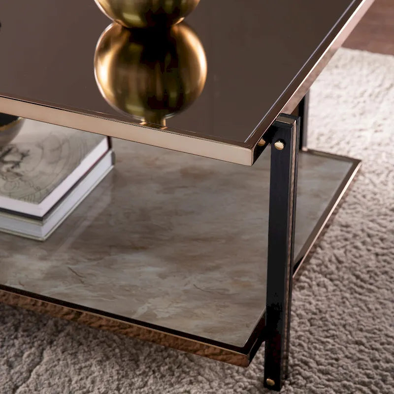 Rectangular Coffee Table, Champagne, Mirrored Top, 2-Tier, 1-Piece