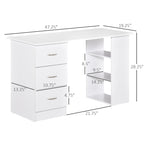 White Computer Desk with 3 Drawers & 3-Tier Shelves, 1-Person