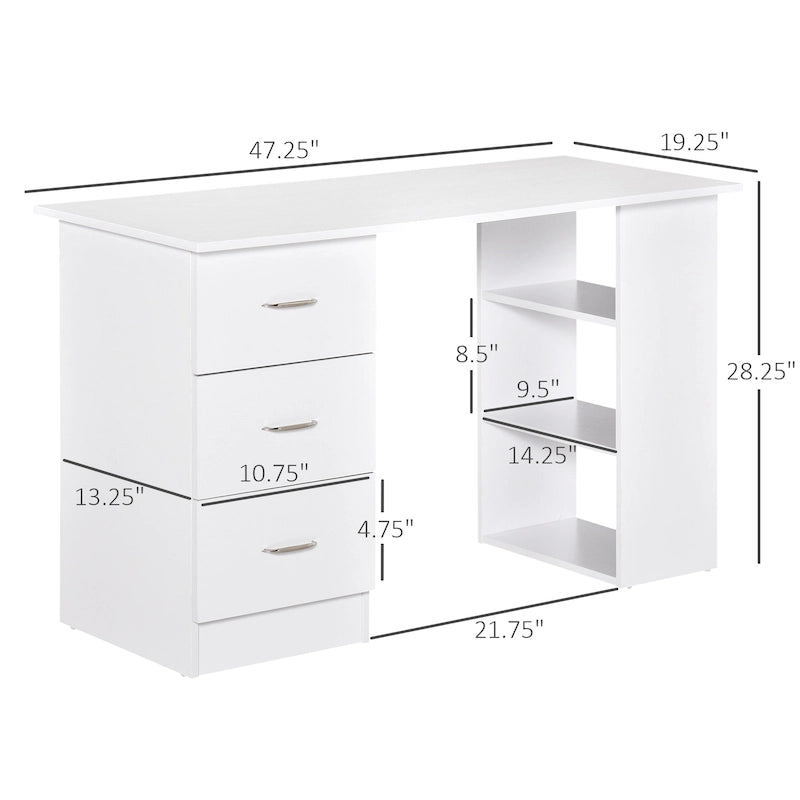 White Computer Desk with 3 Drawers & 3-Tier Shelves, 1-Person