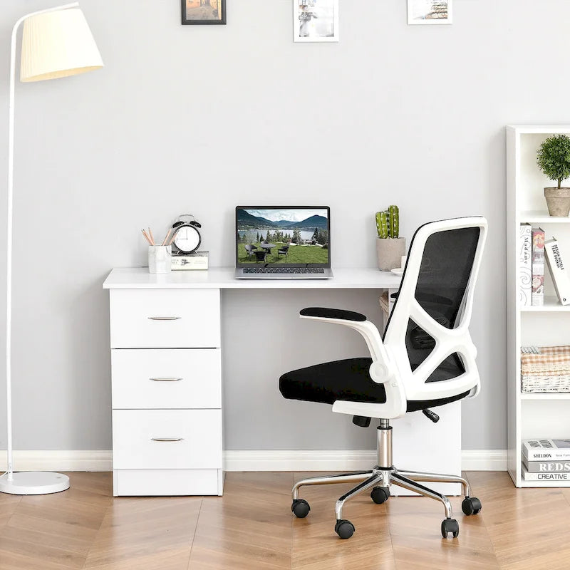 White Computer Desk with 3 Drawers & 3-Tier Shelves, 1-Person
