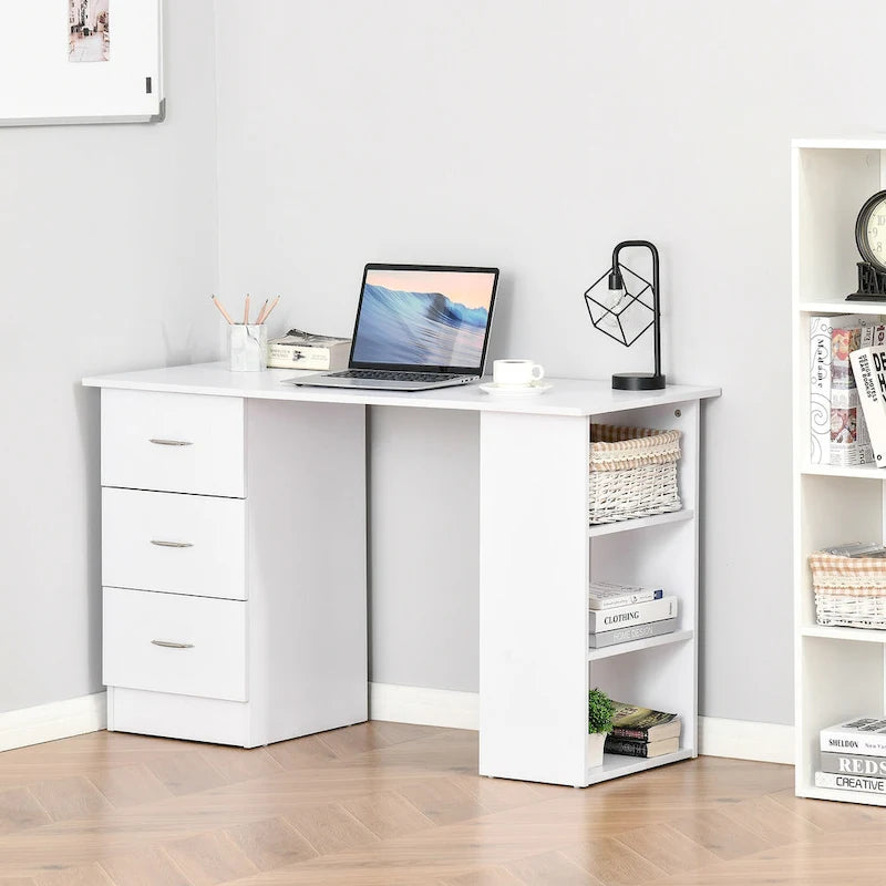 White Computer Desk with 3 Drawers & 3-Tier Shelves, 1-Person