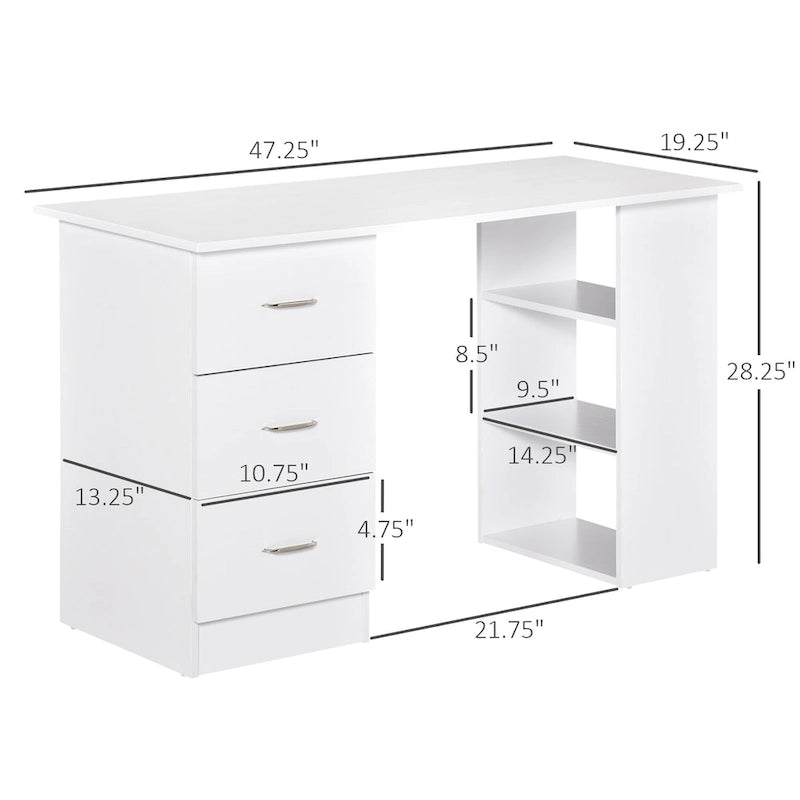 White Computer Desk with 3 Drawers & 3-Tier Shelves, 1-Person