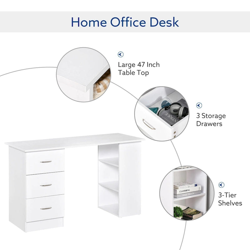 White Computer Desk with 3 Drawers & 3-Tier Shelves, 1-Person