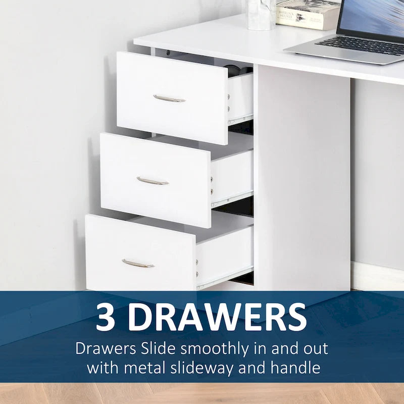 White Computer Desk with 3 Drawers & 3-Tier Shelves, 1-Person