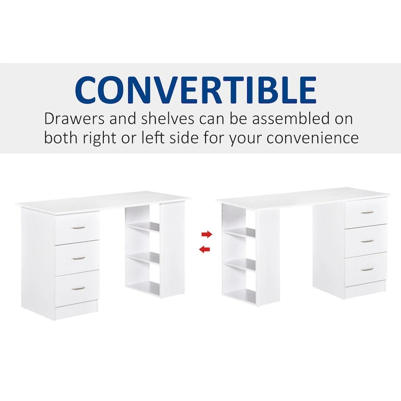 White Computer Desk with 3 Drawers & 3-Tier Shelves, 1-Person